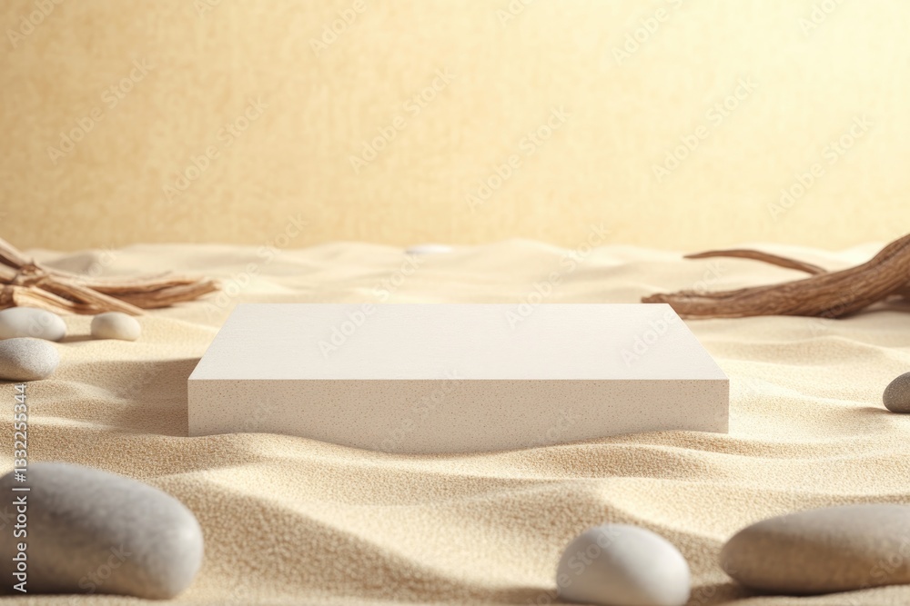 empty podium placed on textured sand surface surrounded by scattered natural elements such as driftwood and pebbles empty podium placed on textured sand surface surrounded by scattered natural elements such as driftwood and pebbles