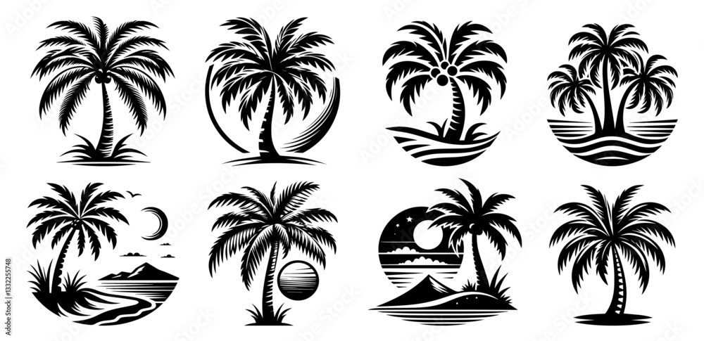 collection of tropical palm tree silhouettes with moon and island scenery in black and white