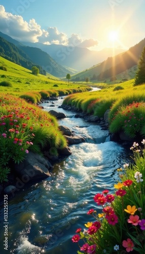Sunlit river cascades through vibrant wildflowers and rolling green hills, creating a peaceful scene , sunlight, field, light