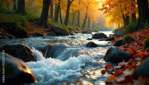 Swift current, vibrant leaves carried downstream , river, asset, foliage