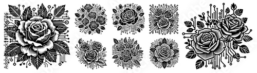 ornamental black and white rose bouquets vector illustration set