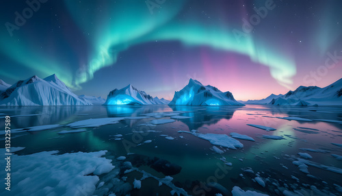 Breathtaking view of the Northern Lights glowing over a snow-covered Arctic mountain landscape, reflecting on the icy surface, creating a mesmerizing night scene