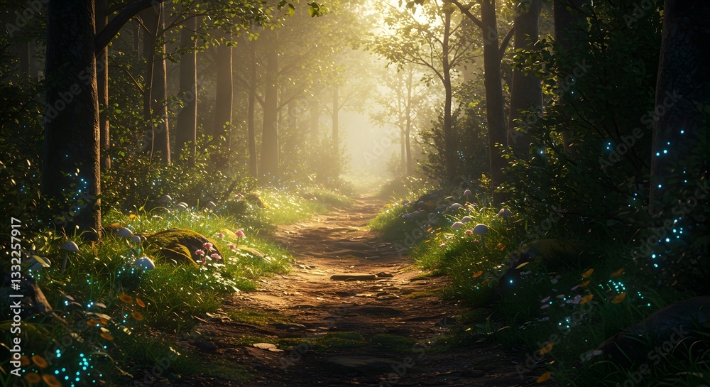 Fototapeta premium Enchanted Forest Path with Sunbeams and Lush Greenery