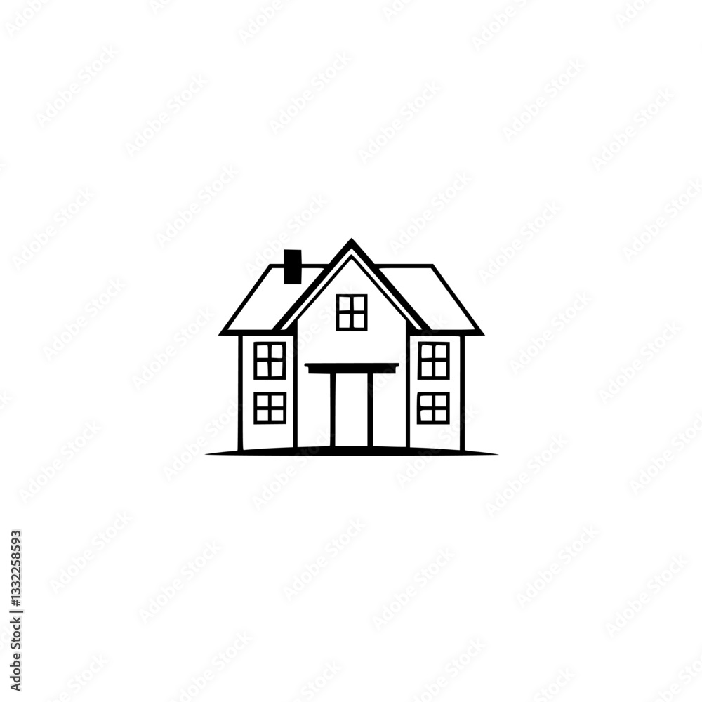 Minimalist black and white line drawing of a two-story house with a gable roof, windows, a porch, and a chimney set against a stark white background. Minimalist black and white line drawing of a two-story house with a gable roof, windows, a porch, and a chimney set against a stark white background.