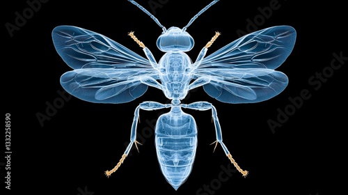 X-Ray Wasp: Detailed X-ray image of a wasp, revealing its intricate internal structure with wings spread against a black background, showcasing the marvels of biology.