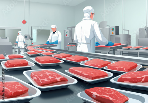 Workers processing fresh meat in a modern food production facility