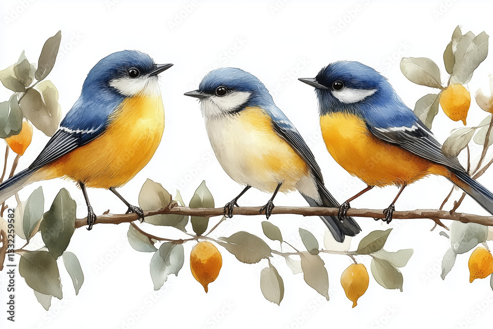 Watercolor illustration Of blue tit birds set isolated white background. Nature wildlife clipart