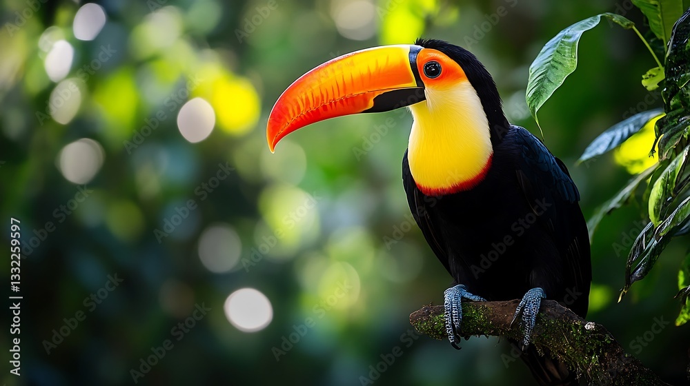 Naklejka premium Vibrant toucan perched on a jungle tree its massive beak glowing in the sunlight