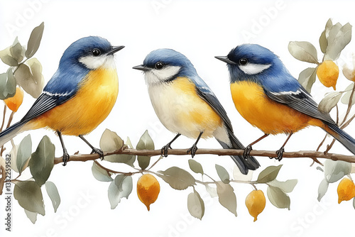 Obraz na płótnie Watercolor illustration Of blue tit birds set isolated white background. Nature wildlife clipart w salonie