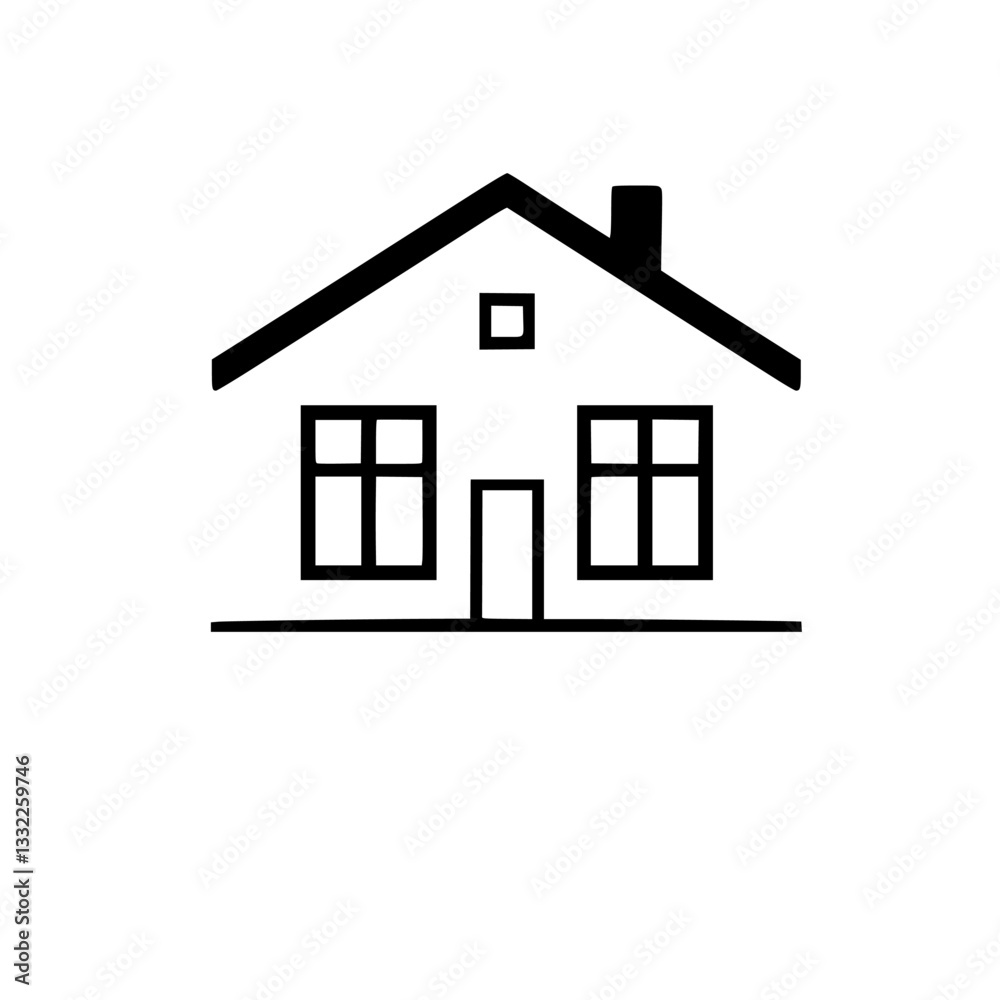 Minimalist Black and White Illustration of a House with Simple Roof, Windows, Door, and Chimney. Minimalist Black and White Illustration of a House with Simple Roof, Windows, Door, and Chimney.