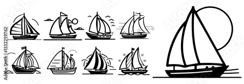 sailing boat illustrations in motion with simple outlines