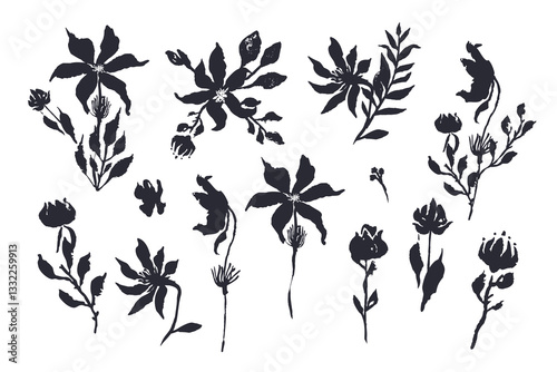 Set of black abstract inky flowers and leaves isolated on white. Monochrome sketchy textured loose floral doodles. Minimalist botanical elements