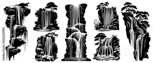 collection of waterfall illustrations with forest cliffs and flowing water vector