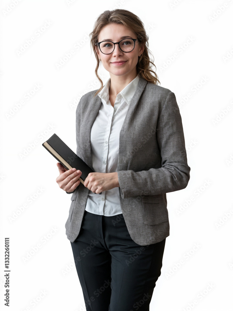 professional female teacher standing straight in a front-facing pose, wearing a stylish yet professional outfit, holding a book in one hand professional female teacher standing straight in a front-facing pose, wearing a stylish yet professional outfit, holding a book in one hand
