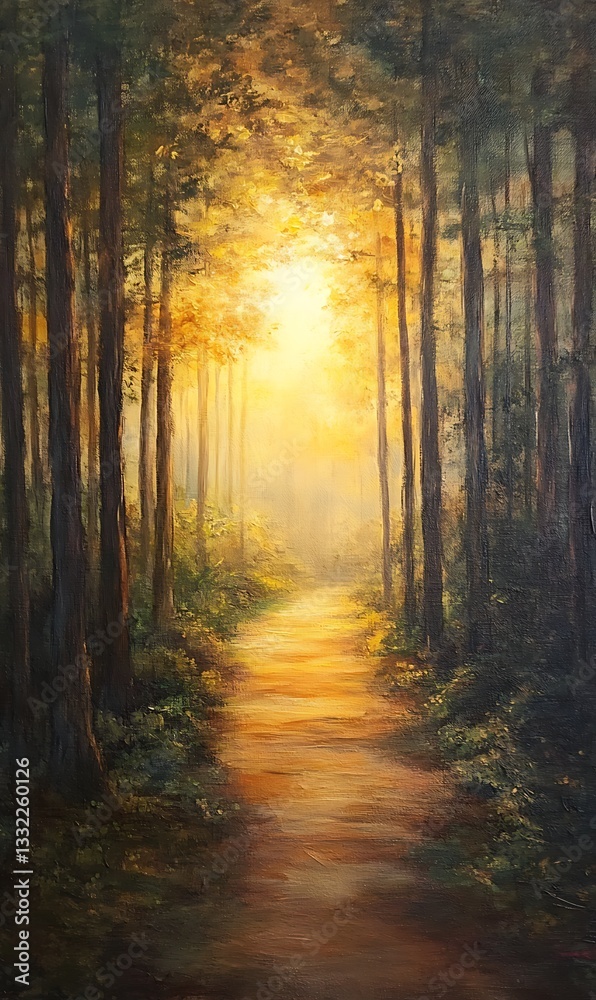 Fototapeta premium a painting of a path through a forest