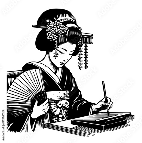 traditional japanese geisha writing with brush and holding fan vector