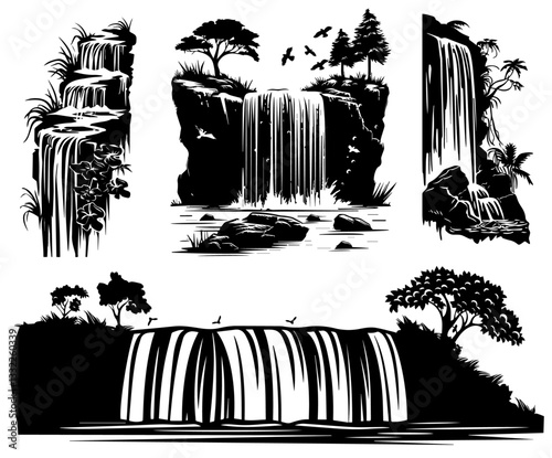 waterfall landscape illustration set with natural scenery and flowing river vector