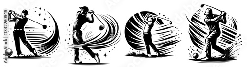 golf player illustration set with fluid swing motion and stylized backgrounds vector