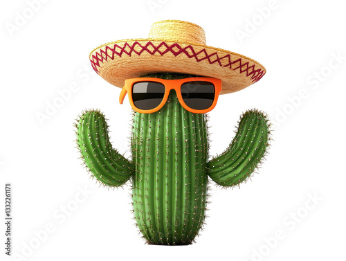 Isolated Cactus with Sombrero and Sunglasses