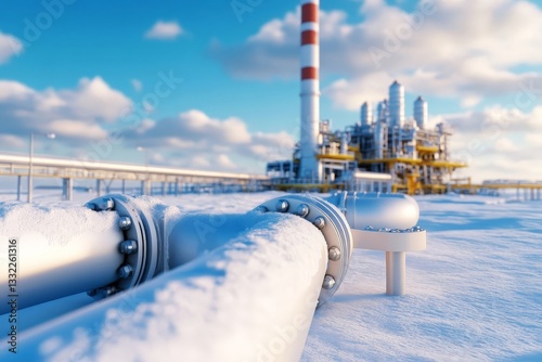 Pipelines covered in snow near an oil and gas processing plant under a clear sky