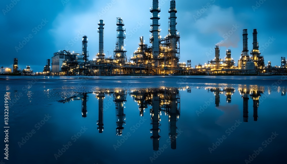 Fototapeta premium A stunning industrial landscape featuring tall refineries reflected in calm water at dusk. The beauty of machinery juxtaposed with nature creates a striking visual contrast.