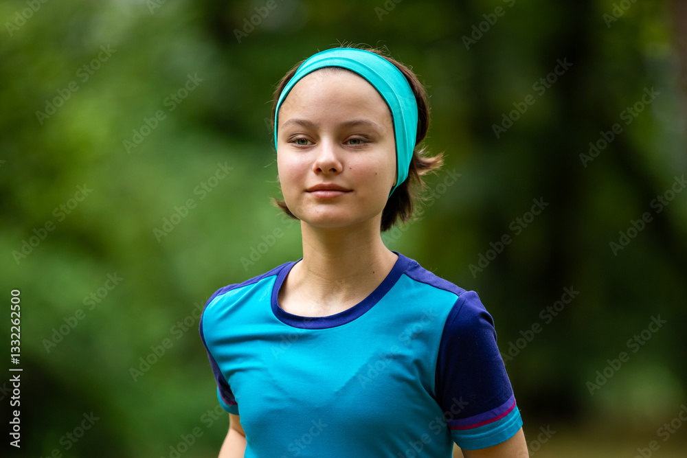 Beautiful teen girl in sports clothes doing sports outdoors in park in summer