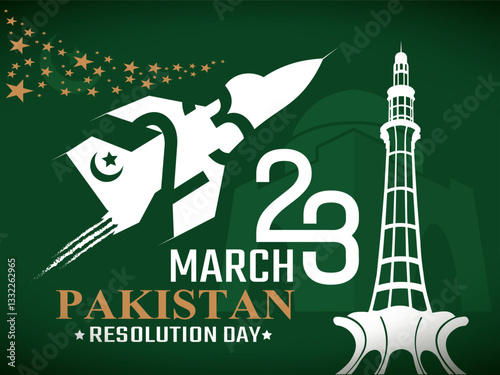 23 march Pakistan resolution day banner  design, poster design, card design, tamplate design with fighter jets, mountains, typography, green background with vector illustration