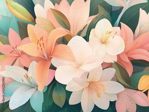 Sophisticated floral motif featuring blooming hydrangeas and lilies in muted pastel hues, with artistic brushstroke details and gentle shading
