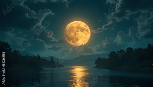 Serene Nighttime Landscape with a Full Moon Reflecting Over a Calm Lake and a Dark, Peaceful Forest