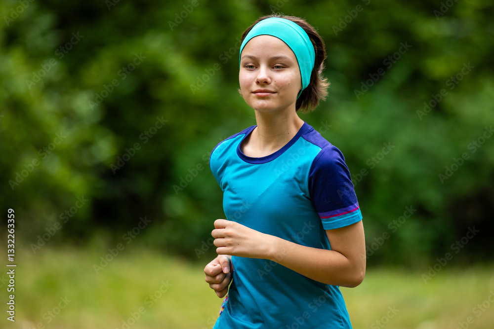 Beautiful teen girl in sports clothes doing sports outdoors in park in summer