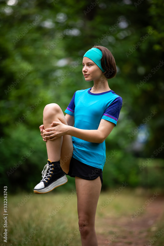 Beautiful teen girl in sports clothes doing sports outdoors in park in summer