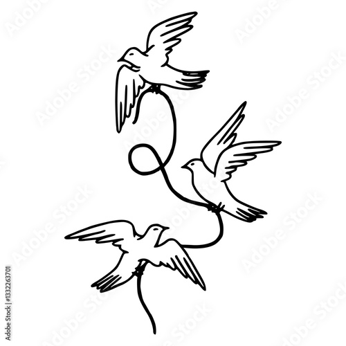 three flying birds with swirling line vector