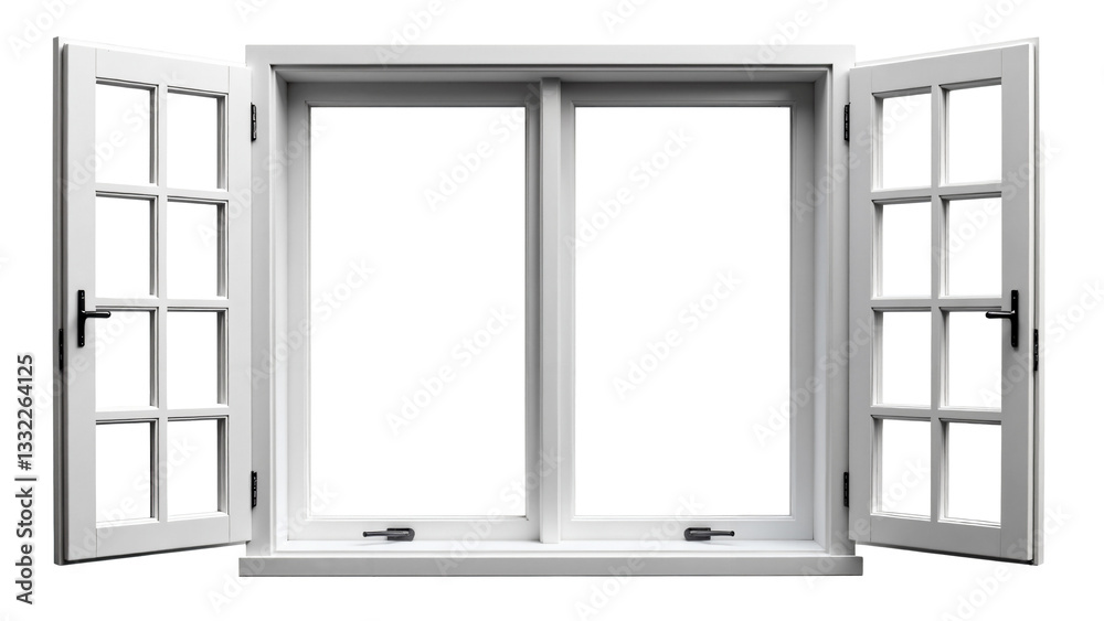 Modern White Casement Window with Open Panes Isolated on Transparent Background for Home Design and Architecture Projects Modern White Casement Window with Open Panes Isolated on Transparent Background for Home Design and Architecture Projects