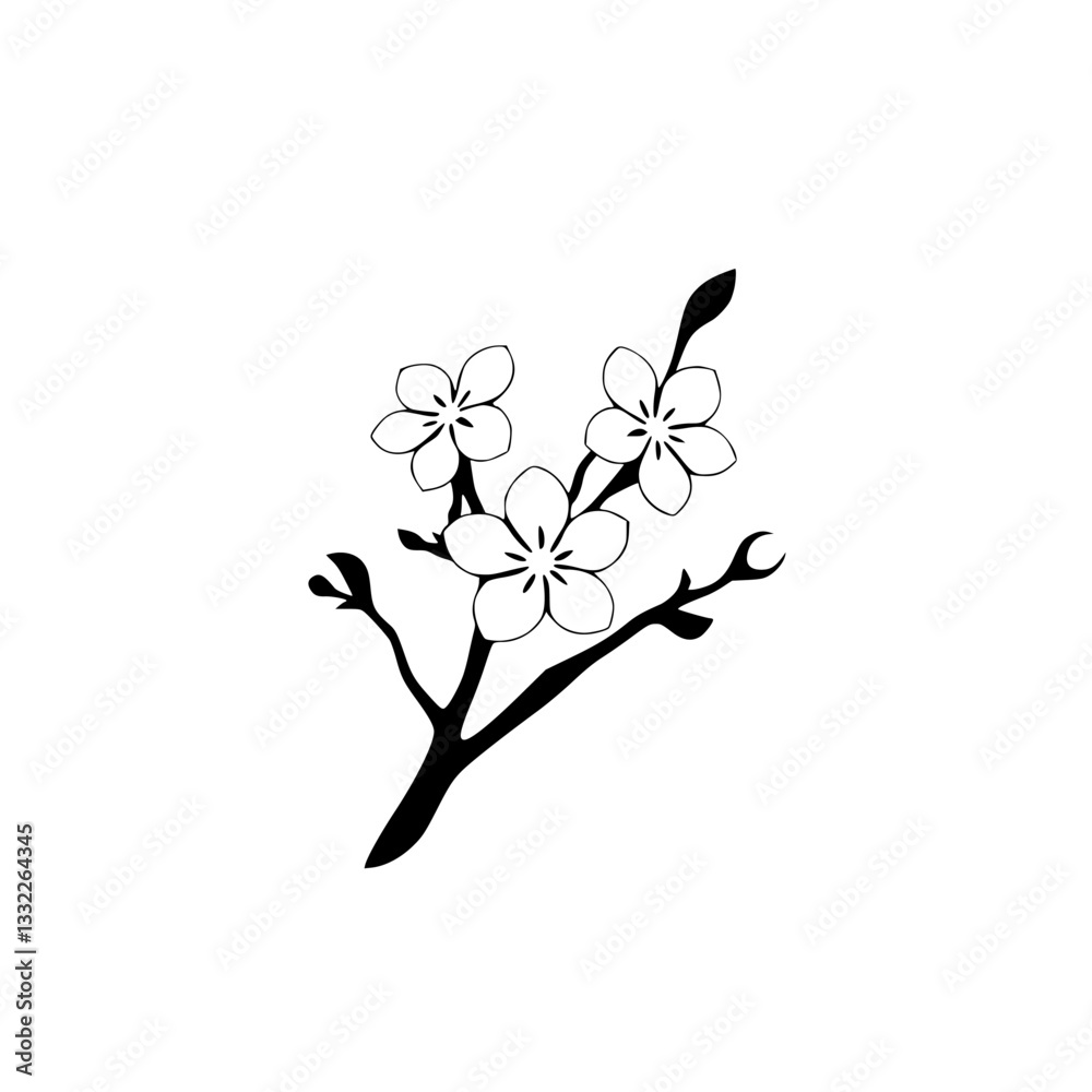 Minimalist Black and White Illustration of Delicate Cherry Blossom Branch with Three Flowers and Buds Against White