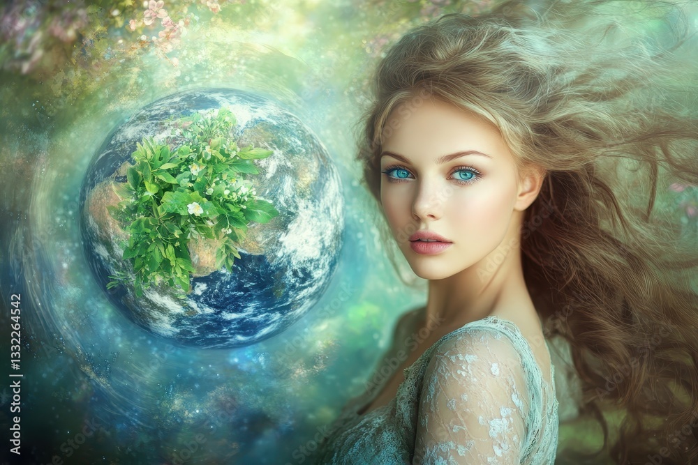 Naklejka premium Woman with flowing hair and Earth with plants in a mystical background