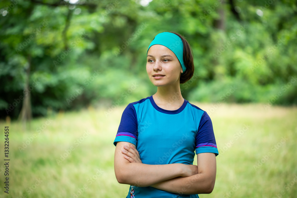 Portrait of beautiful teen girl in sports clothes outdoors in park in summer