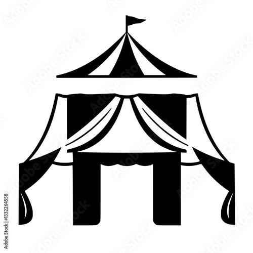 Stylized Black and White Circus Tent Silhouette with Striped Roof, Flag, and Elegant Drapery in a Clean, Vector Style.