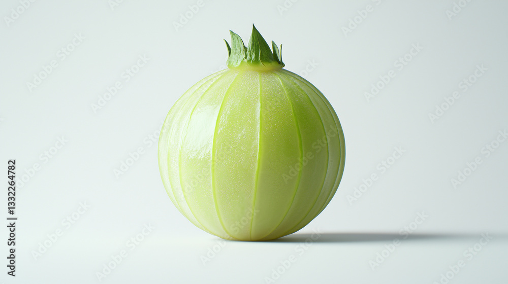A single ripe gooseberry with a vibrant green color on a light background A single ripe gooseberry with a vibrant green color on a light background