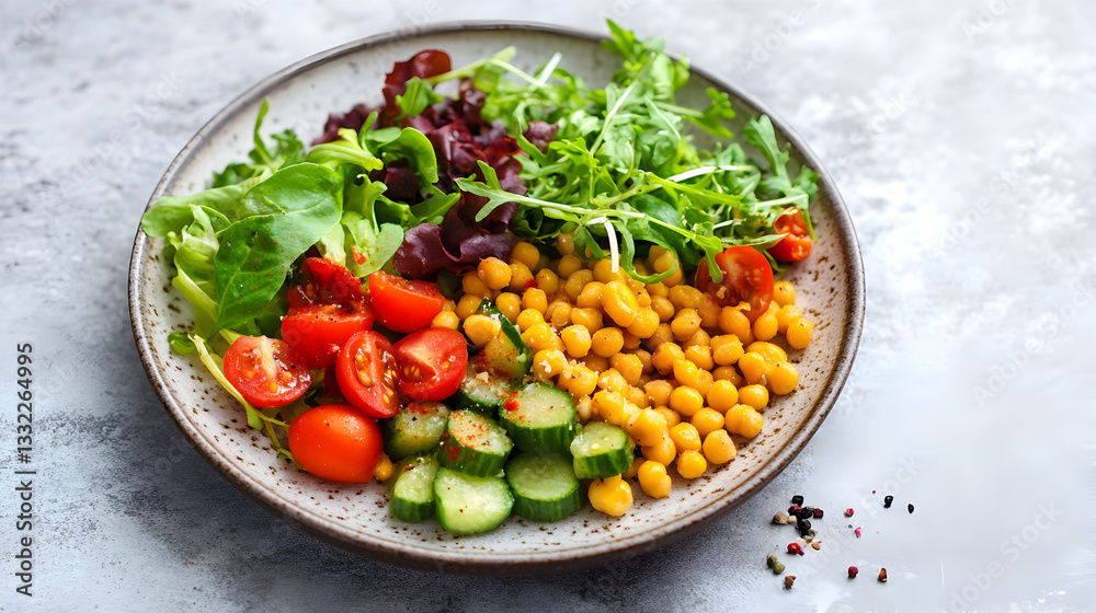 un plato de comida saludable con ensalada verde tomates pepinos y garbanzos o leguminosas dieta balanceada alimentacion sana un plato de comida saludable con ensalada verde tomates pepinos y garbanzos o leguminosas dieta balanceada alimentacion sana