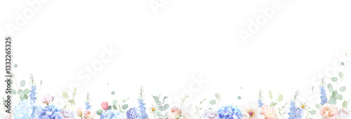 Bridgerton inspired pastel floral vector design banner. Blue delphinium, white peony, coral rose, magnolia, hyacinth, hydrangea, greenery and plants. All flowers and branches are isolated and movable.