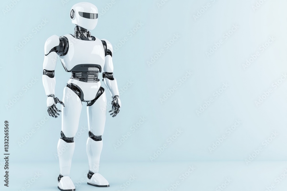 Fototapeta premium create 3d illustration of futuristic humanoid robot standing alone its sleek metallic surfaces reflecting ambient light