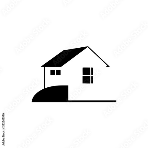 Minimalist black and white illustration of a simple house with geometric shapes and a clean, modern aesthetic on a bright background.