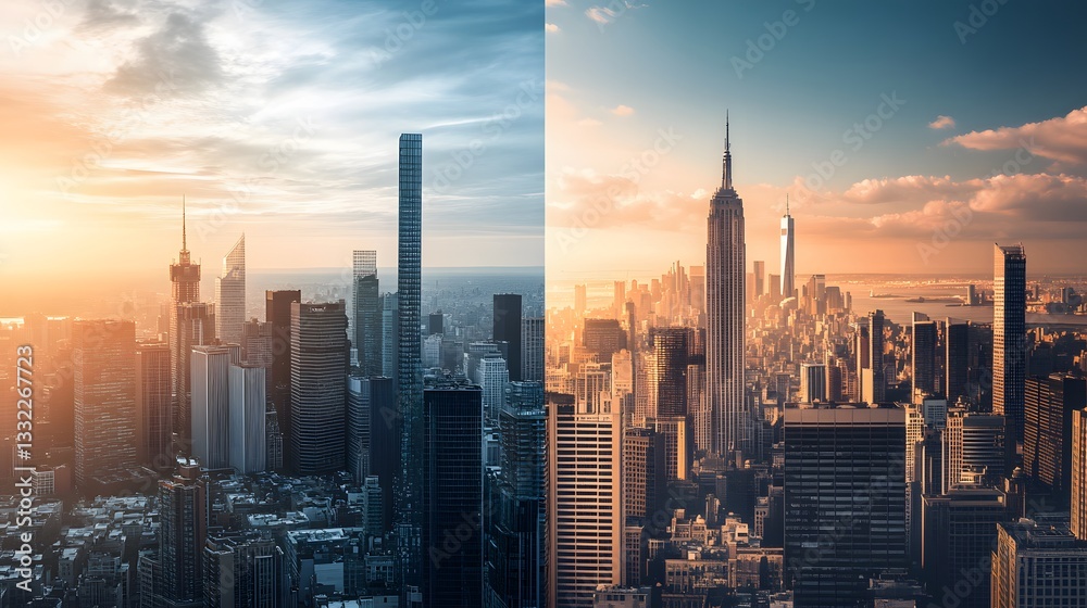 Fototapeta premium Stunning skyline view showcasing two iconic cityscapes at sunrise