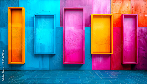 Fototapeta Naklejka Na Ścianę i Meble -  vibrant rectangular vertical niches on the wall with copy space