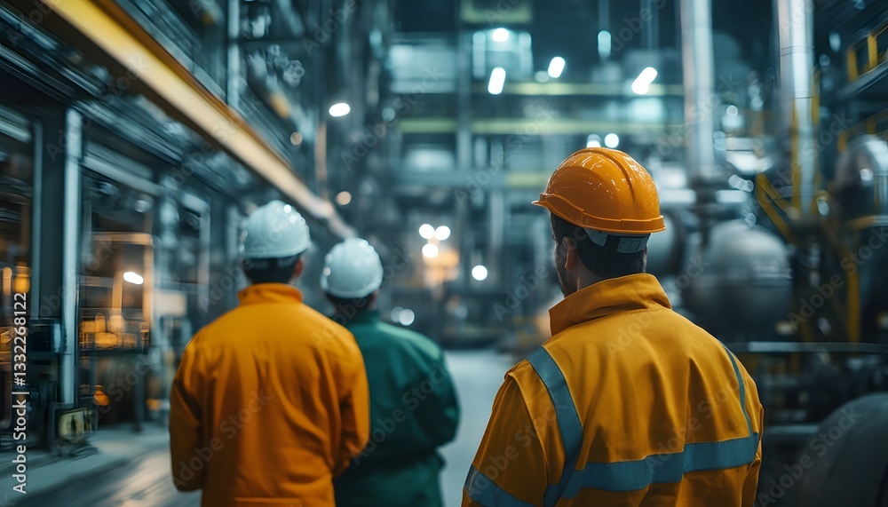 Workers observe machinery in a modern industrial facility, showcasing dedication to safety and teamwork Workers observe machinery in a modern industrial facility, showcasing dedication to safety and teamwork