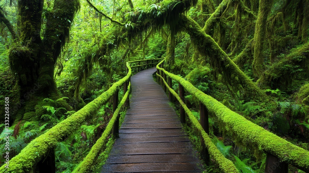 Obraz premium Lush green forest path, vibrant foliage surrounds a winding trail, serene atmosphere, perfect for nature exploration and reflection.