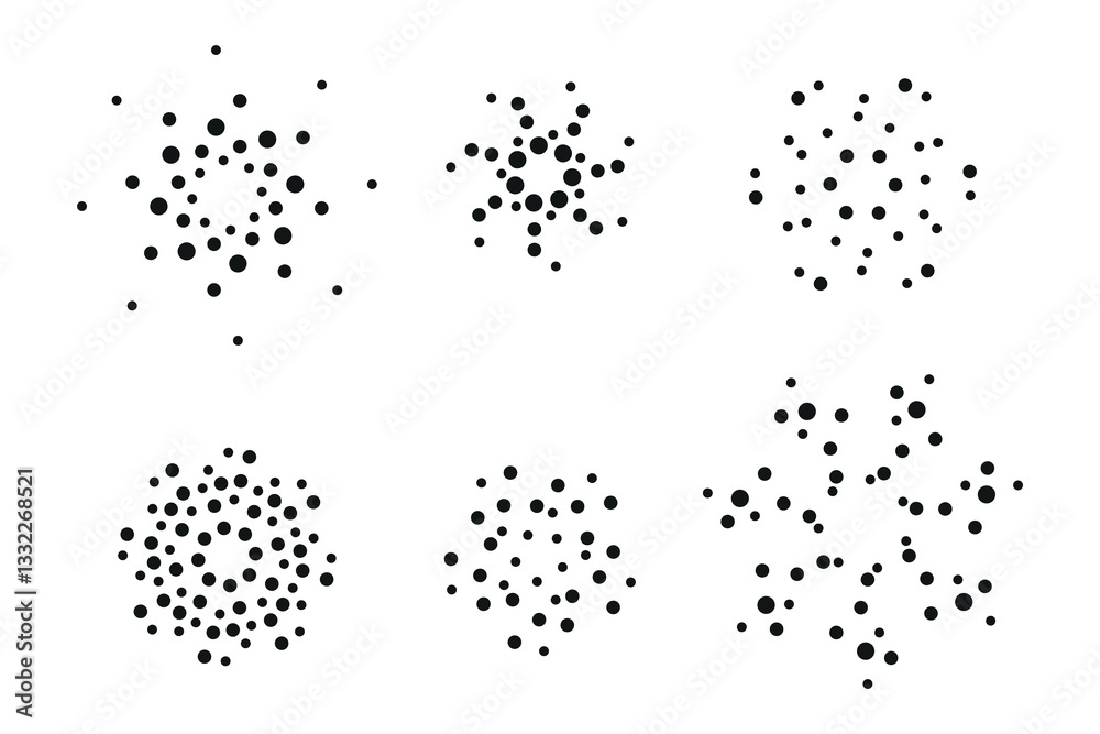 Abstract circular dot compositions, radial geometric patterns, black dots on white background, modern minimal design.