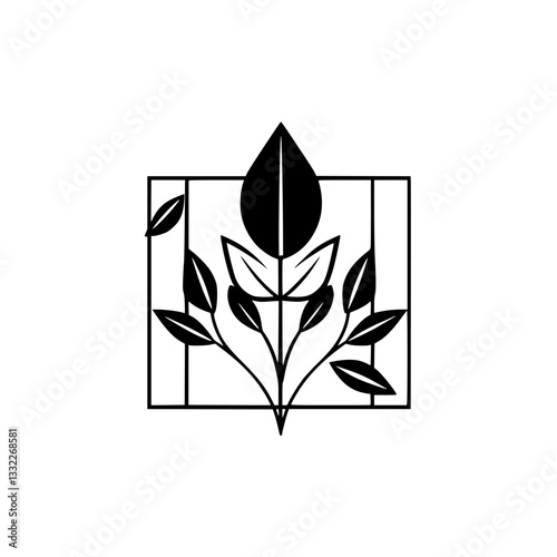 A symmetrical black and white floral design enclosed within a square, featuring stylized leaves and a central droplet-shaped element.