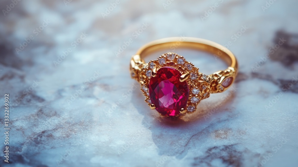 A luxurious ruby gemstone ring with intricate gold detailing, elegantly displayed on a marble surface. A luxurious ruby gemstone ring with intricate gold detailing, elegantly displayed on a marble surface.