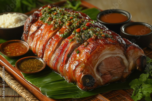 Crispy Filipino Lechon Roll with Chimichurri Sauce and Dipping Sauces